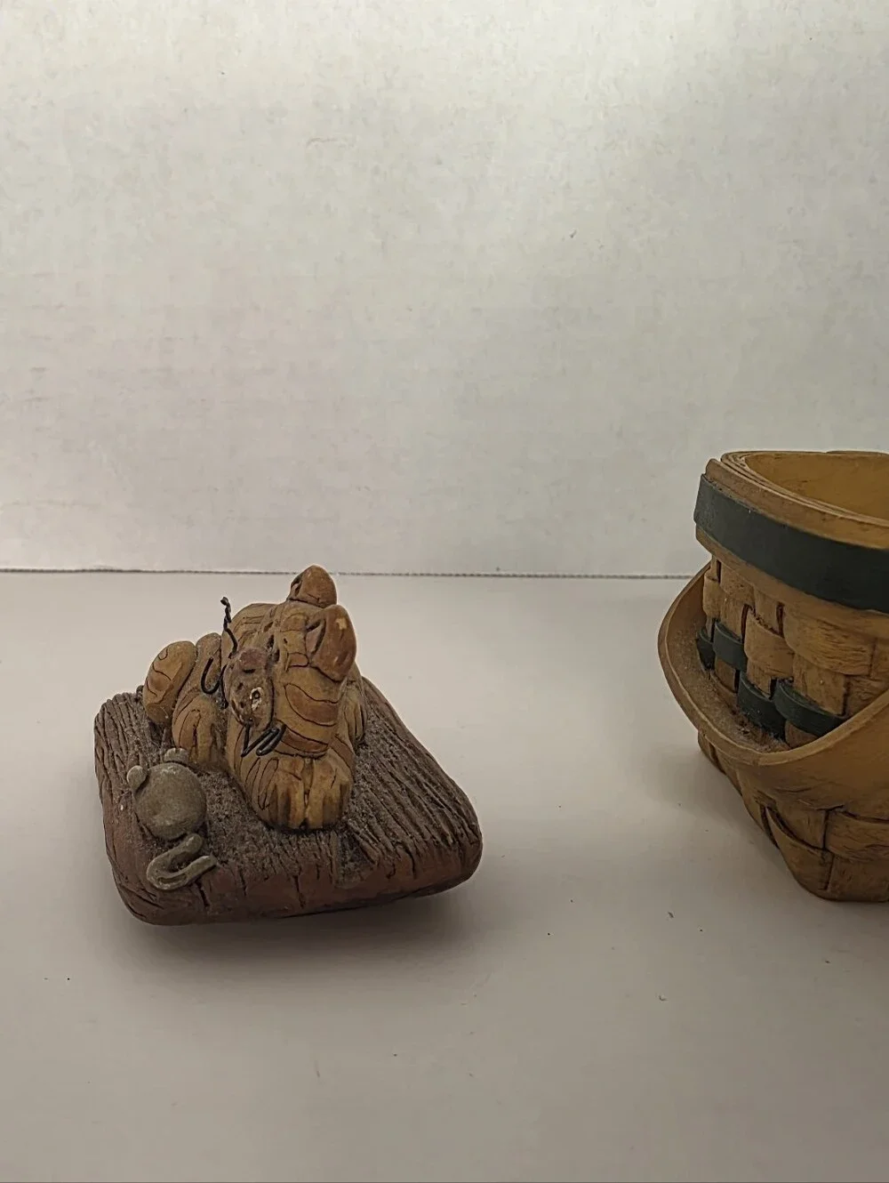 Orange Cat and Mouse on Basket Trinket Box signed Suzy
